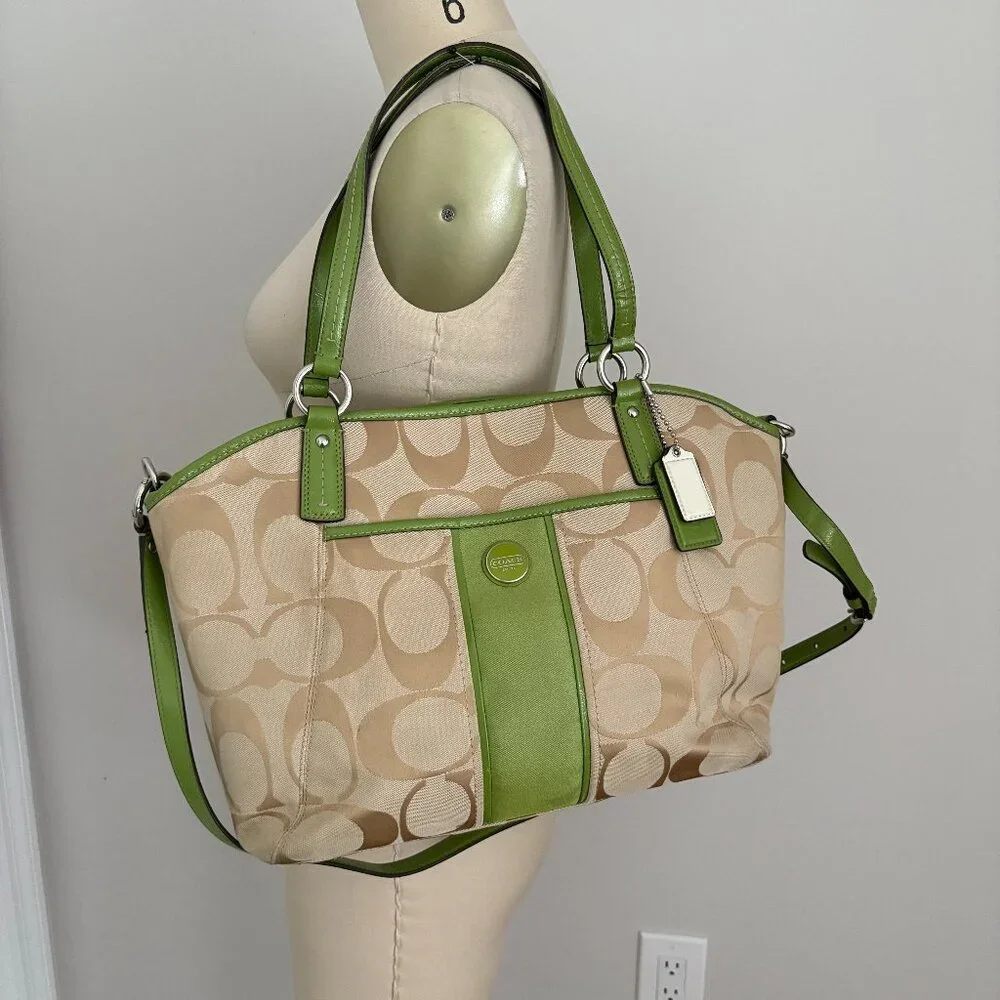 Coach Poppy Signature C Green Patent Leather & Khaki Canvas Satchel Shoulder Bag
